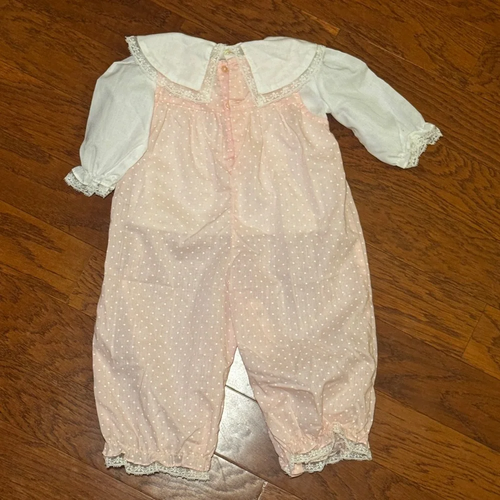 Vintage 1980s Nanette Baby Girl Pink Polka Dot Romper Size Up to 6 Months